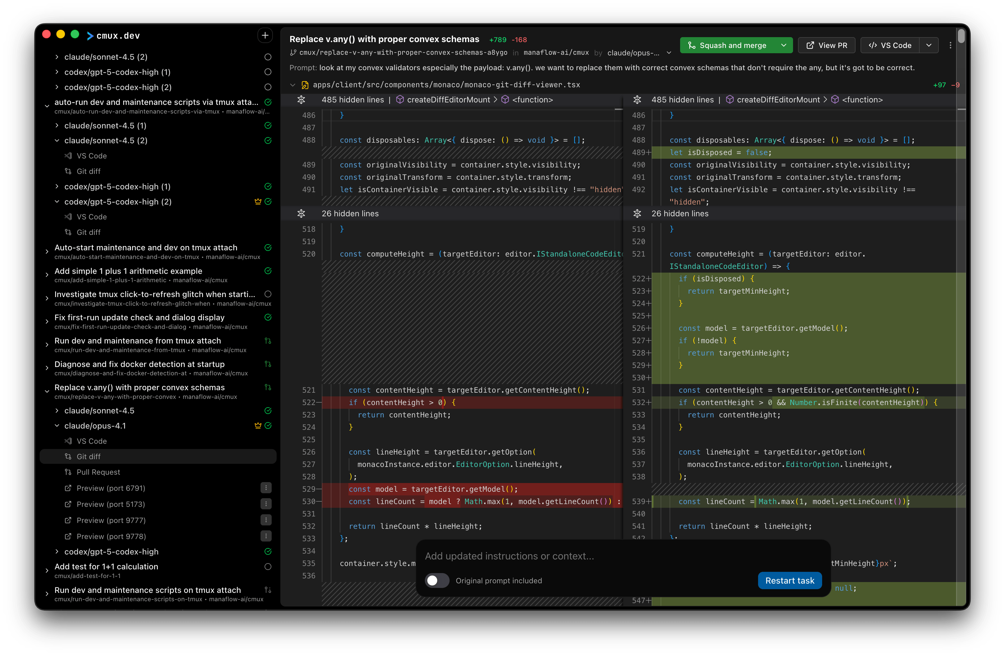 Diff viewer for each agent's changes